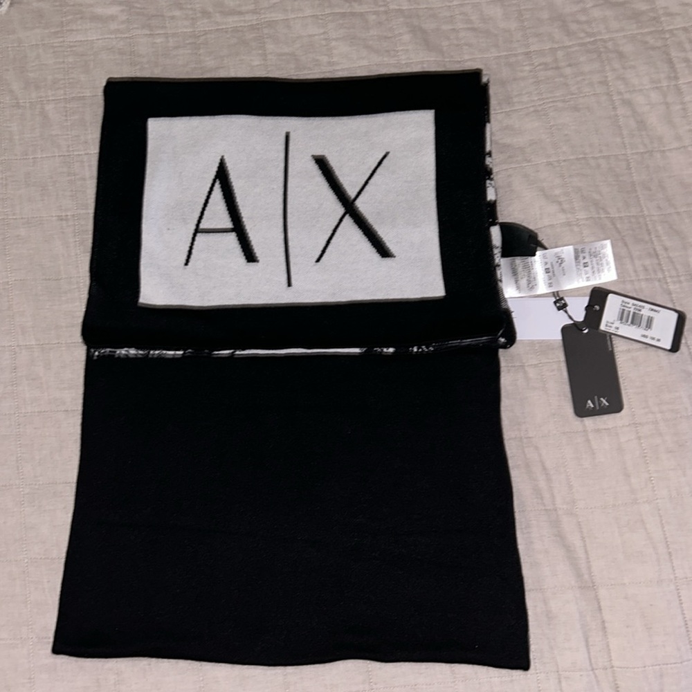 Armani Exchange Logo Long Scarf Wrap Black White AX